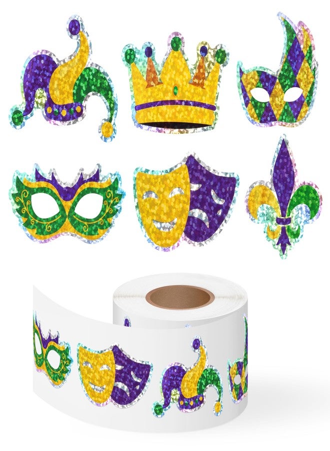 Kirako 500Pcs Mardi Gras Stickers Roll Holographic Laser Yellow Green Purple Fleur de Lis Waterproof Self-Adhesive Decals for New Orleans Carnival Holiday DIY Crafts Party Favors Gifts Envelope Journal Decor - Image 1